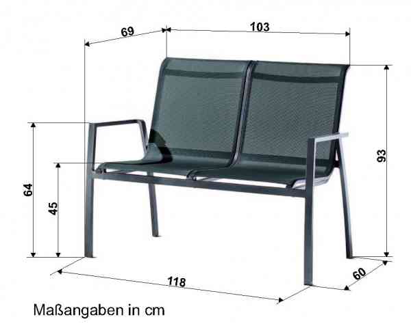MALAGA 2-Sitzer Bank mit Armlehnen - Aluminiumgestell Eisengrau mit Textilux-Bespannung Silbergrau