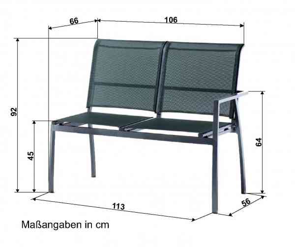 MALAGA 2-Sitzer Bank mit Armlehne Rechts - Aluminiumgestell Eisengrau mit Textilux-Bespannung Silber