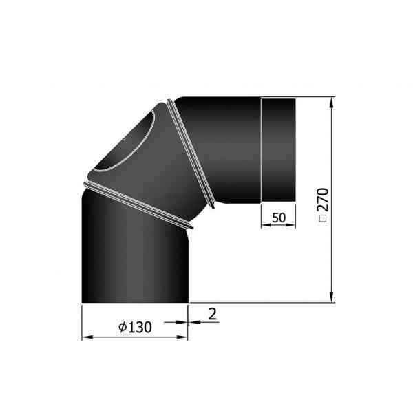 Winkelrohr 0-90° verstellbar, 260 x 260 mm, Ø 130 mm, schwarz