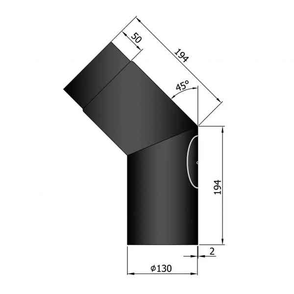 Winkelrohr 45°, 194 x 194 mm, Ø 130 mm, schwarz