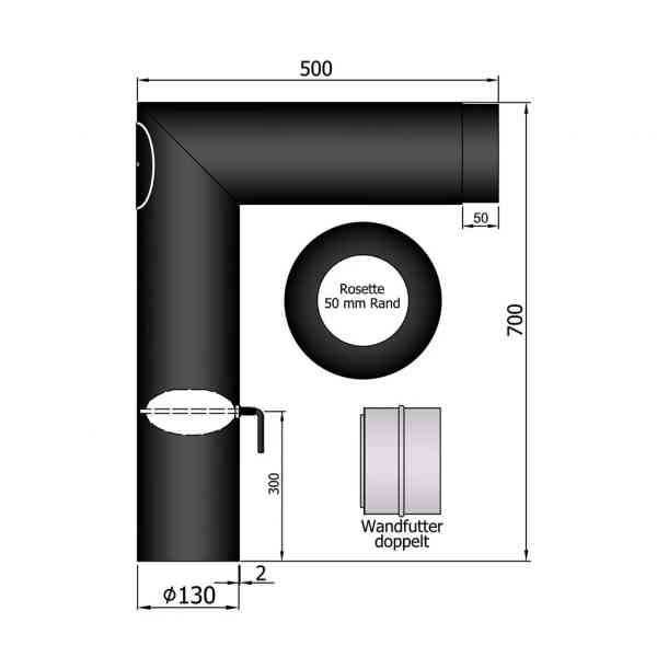 Rauchrohrset zweiteilig, 700 x 500 mm, 130 mm, schwarz