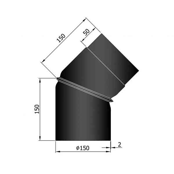 Winkelrohr 0-45° verstellbar, Ø 150 mm, 150 x 150 mm schwarz
